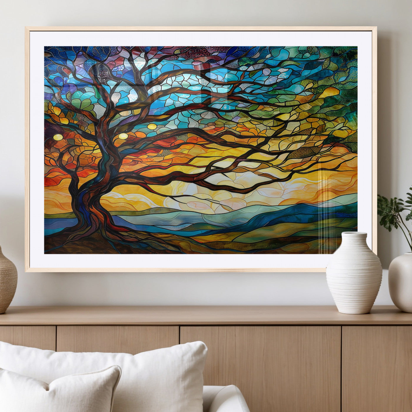 MGC-FP-36x24 - Mosaic Tree Wall Art | Ready to Hang Stained Glass Style Canvas Print | Farmhouse Wall Decor, Cabin