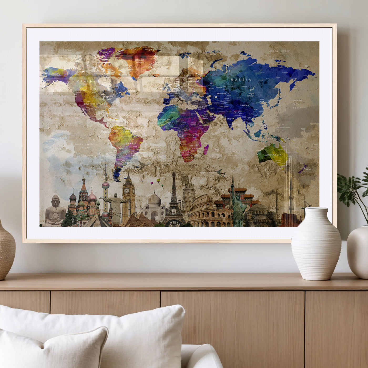 MGC-FP-36x24 - Push Pin World Map Canvas Print – Framed Wall Art for Couples to Track Their Travels – Anniversary