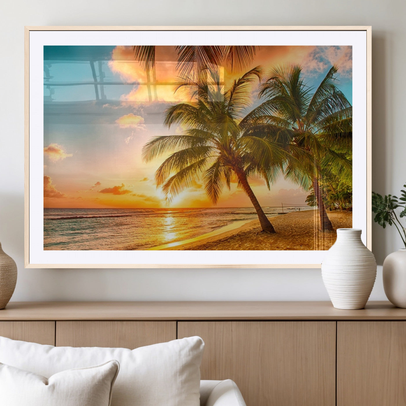 MGC-FP-36x24 - Tropical Sunset Beach Canvas Wall Art Print – Vibrant Palm Trees and Coastal Sunset Wall Decor for