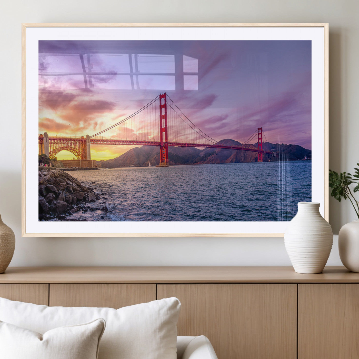 MGC-FP-36x24 - Golden Gate Bridge Wall Art Print, San Francisco Sunset Canvas Wall Art, Cityscape Canvas Print for