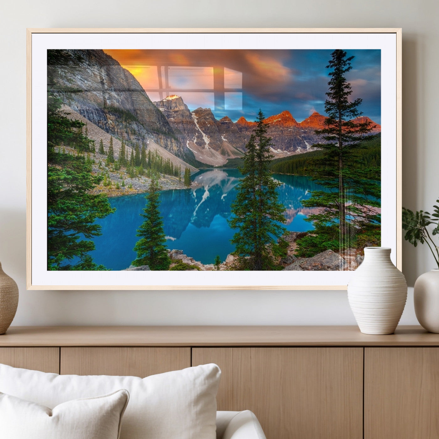 MGC-FP-36x24 - Canadian Rockies Moraine Lake Wall Art Canvas Print, Pine Trees Mountain Spring Canvas Print