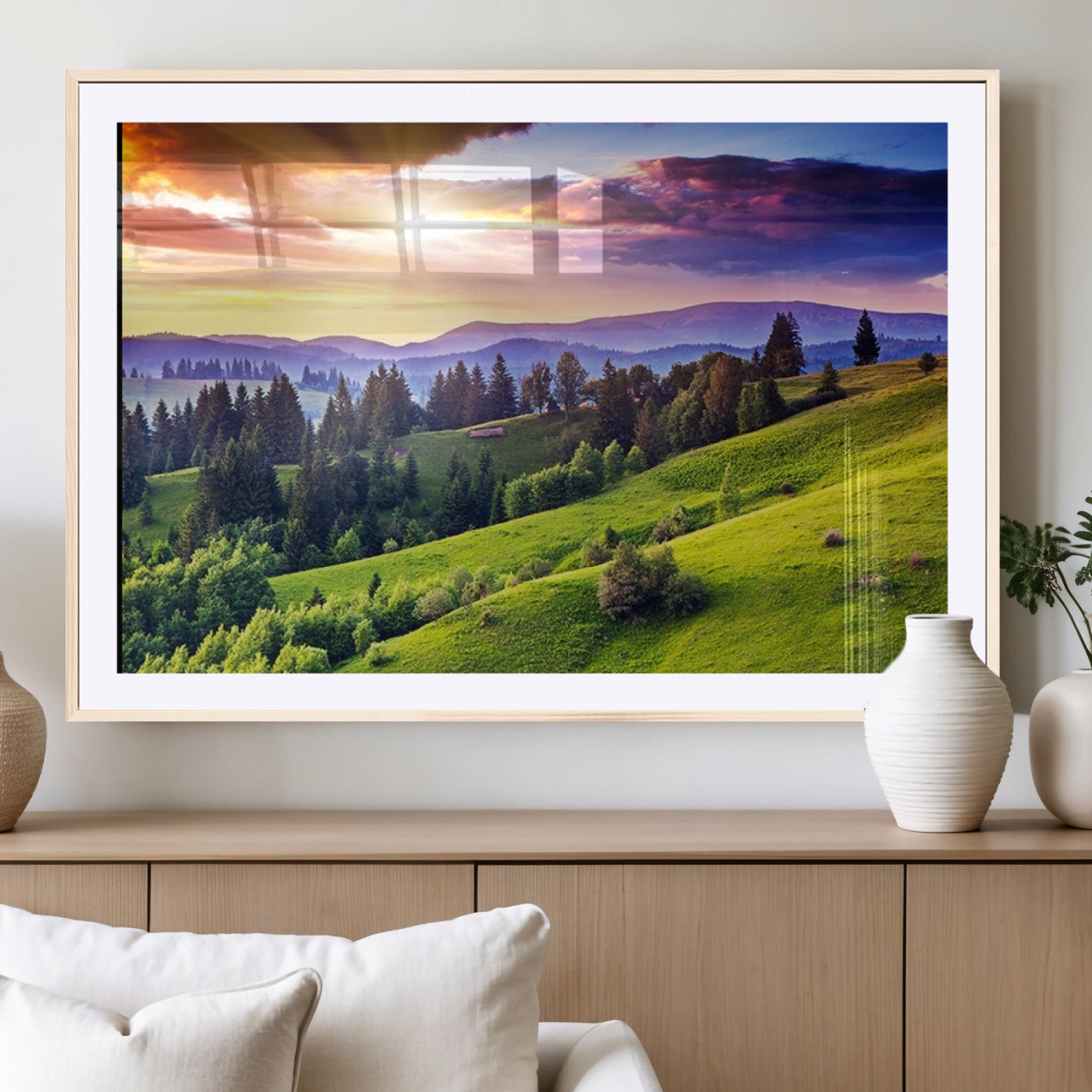 MGC-FP-36x24 - Green Hills and Sunset Wall Art Print - Scenic Landscape with Lush Greenery and Vibrant Sky, Ready
