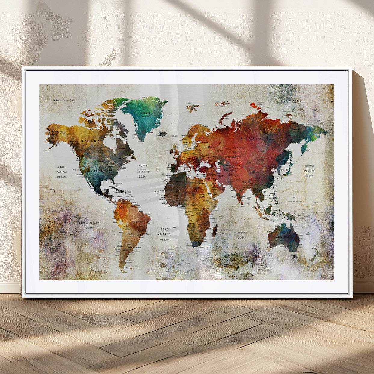 92207-MGC-FP-36x24_White-Push Pin World Map Canvas Print – Framed Wall Art for Couples to Track Their Travels – Anniversary