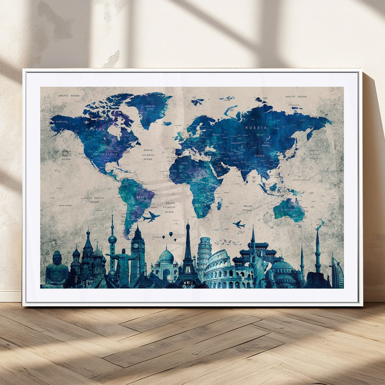 MGC-FP-36x24 - Navy Blue World Map Canvas Print, Wonder of World Map Push Pin Canvas Print