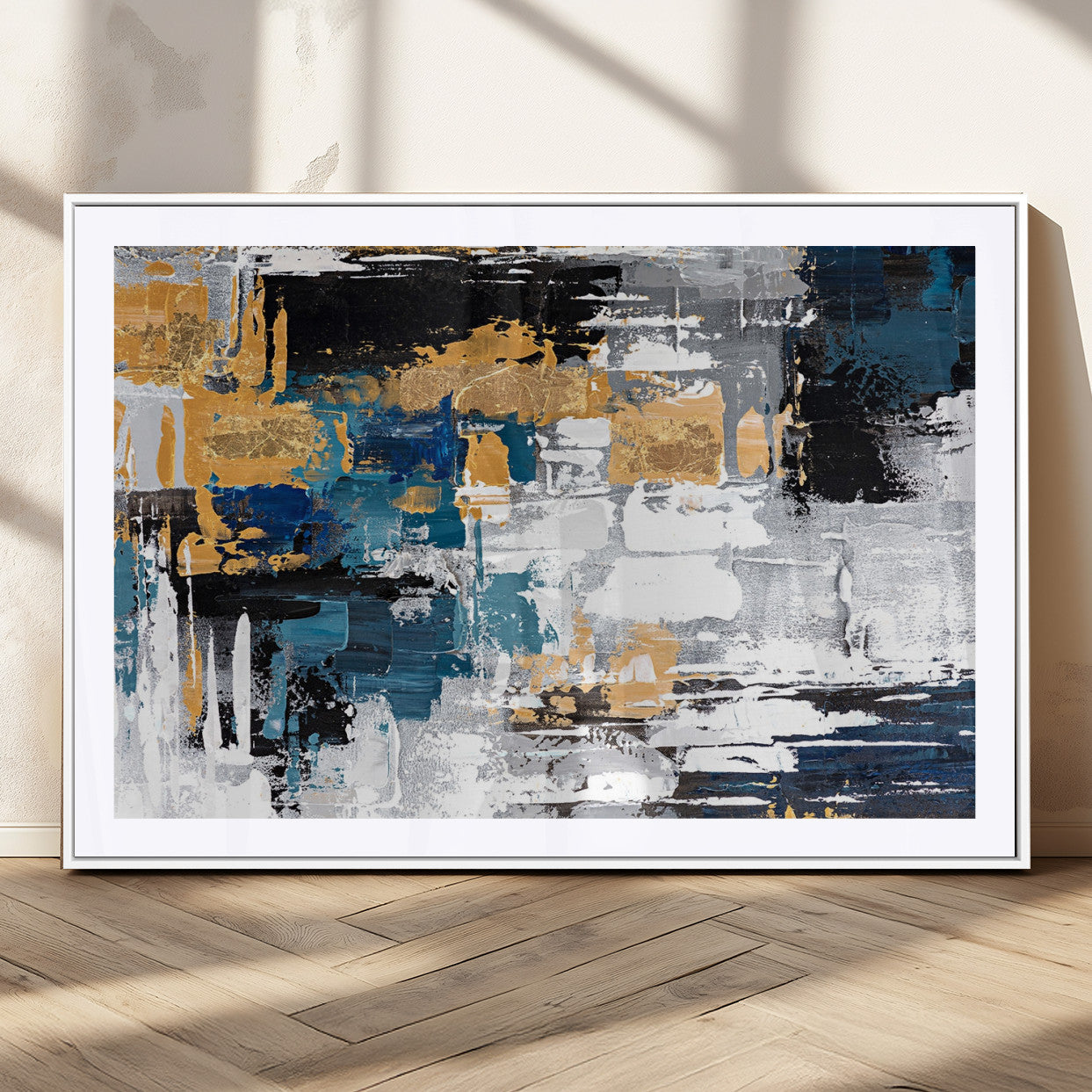 57708-MGC-FP-36x24_White-Blue and Gold Abstract Canvas Wall Art – Triptych Modern Painting for Living Room – Framed and Ready to Hang