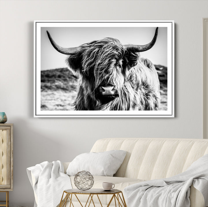 Highland Cow Wall Art | 3-Panel Black and White Highland Cow Canvas Print for Western Farmhouse Decor