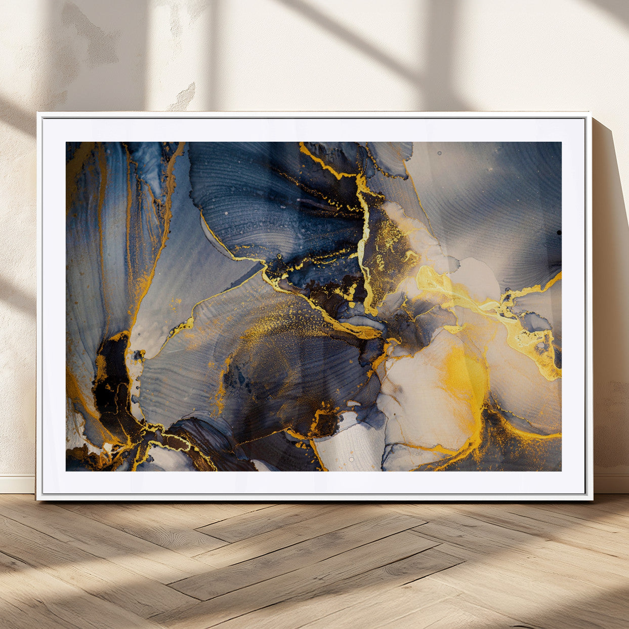 42100-MGC-FP-36x24_White-Large Abstract Wall Art Print - Gold and Blue Abstract Canvas Wall Art | Fluid Ink Modern Luxury Wall Decor for Living Room Decor