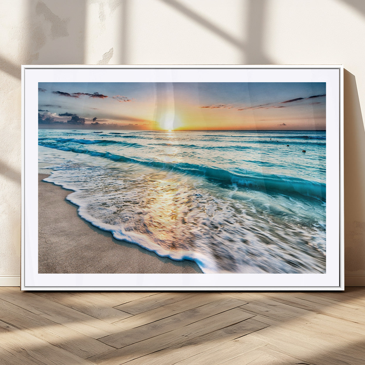 MGC-FP-36x24 - Sunset Beach Waves Canvas Wall Art – 5-Panel Ocean Sunset Print – Coastal Decor for Living Room or