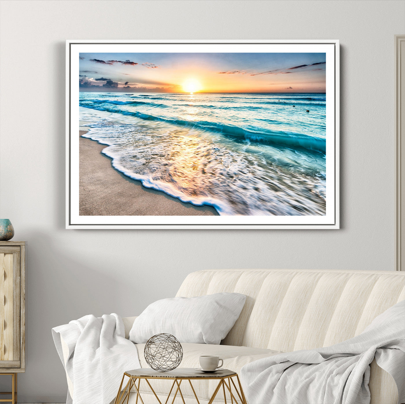 27815-MGC-FP-36x24_White-Sunset Beach Waves Canvas Wall Art – 5-Panel Ocean Sunset Print – Coastal Decor for Living Room or Bedroom – Ready to Hang