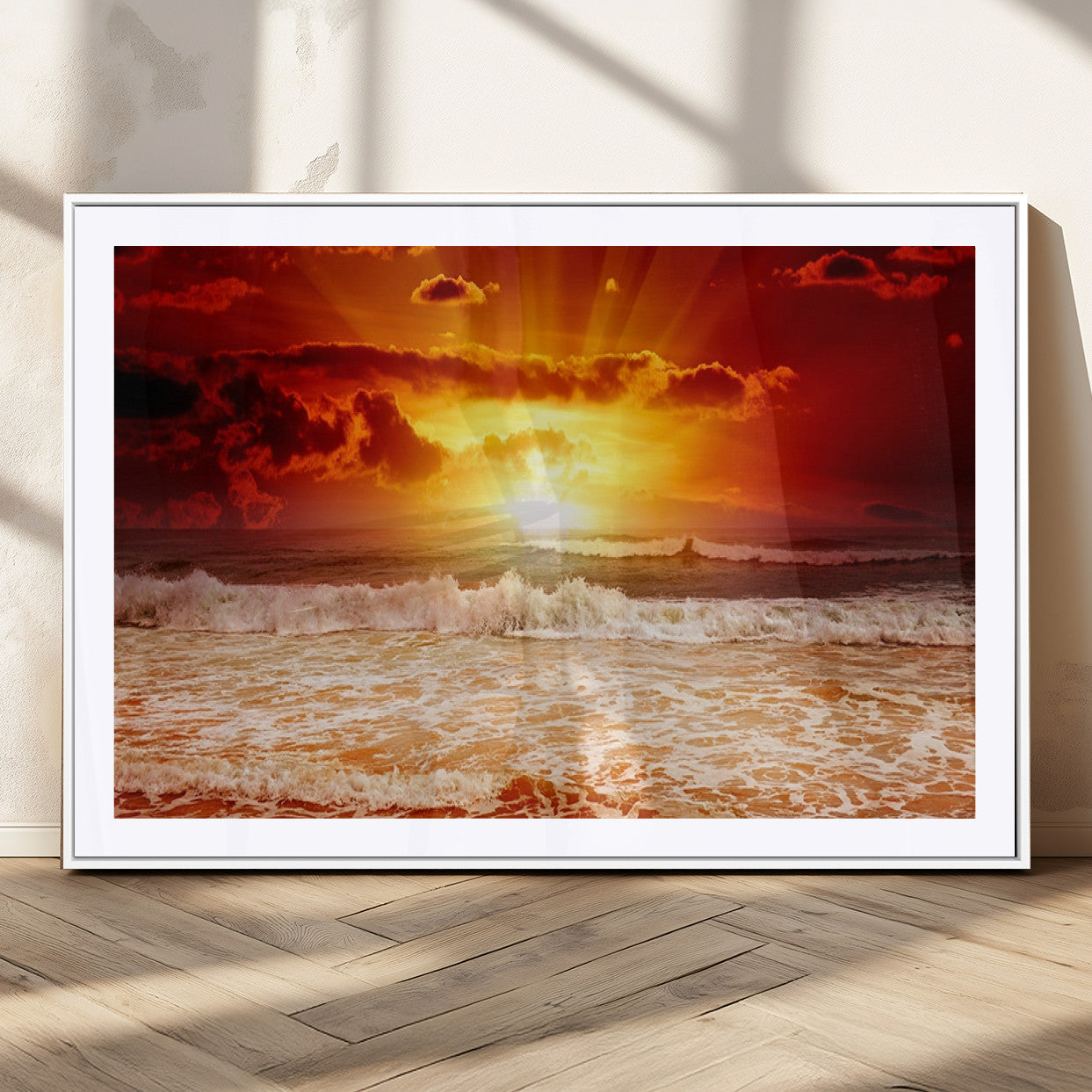 MGC-FP-36x24 - Red Sunset Ocean Beach Canvas Wall Art Beach Canvas, Coastal Sunset Print