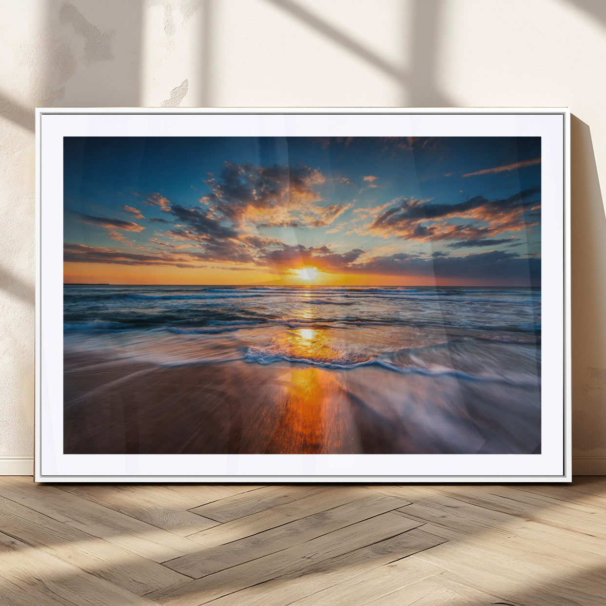 MGC-FP-36x24 - Sunset on the Ocean Beach with Waves, Reflections on Sand, Coastal Wall Art Print, Beach Wall Art,