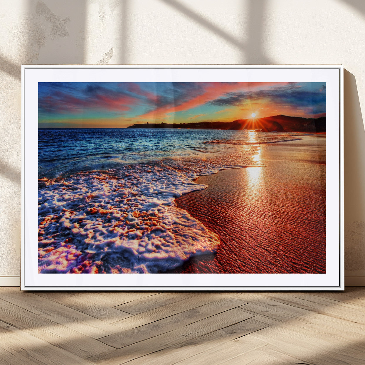 MGC-FP-36x24 - Colorful Coastal Sunset on the Beach Canvas Print, Ocean Waves Crashing at Dusk, Multi-Panel