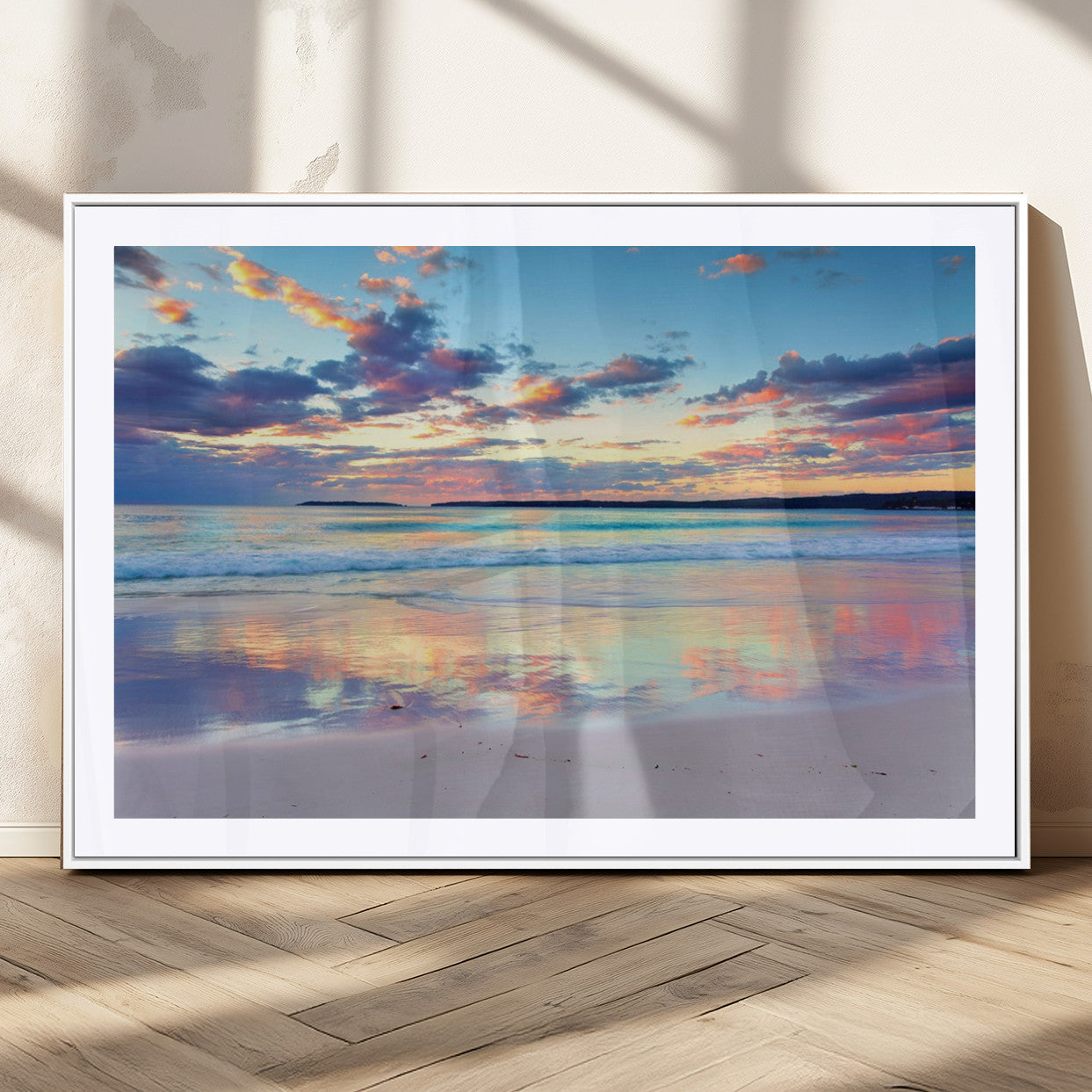 MGC-FP-36x24 - Tranquil Pastel Sunset Beach Triptych Canvas Art, Soothing Coastal Ocean Shoreline Giclee Print,