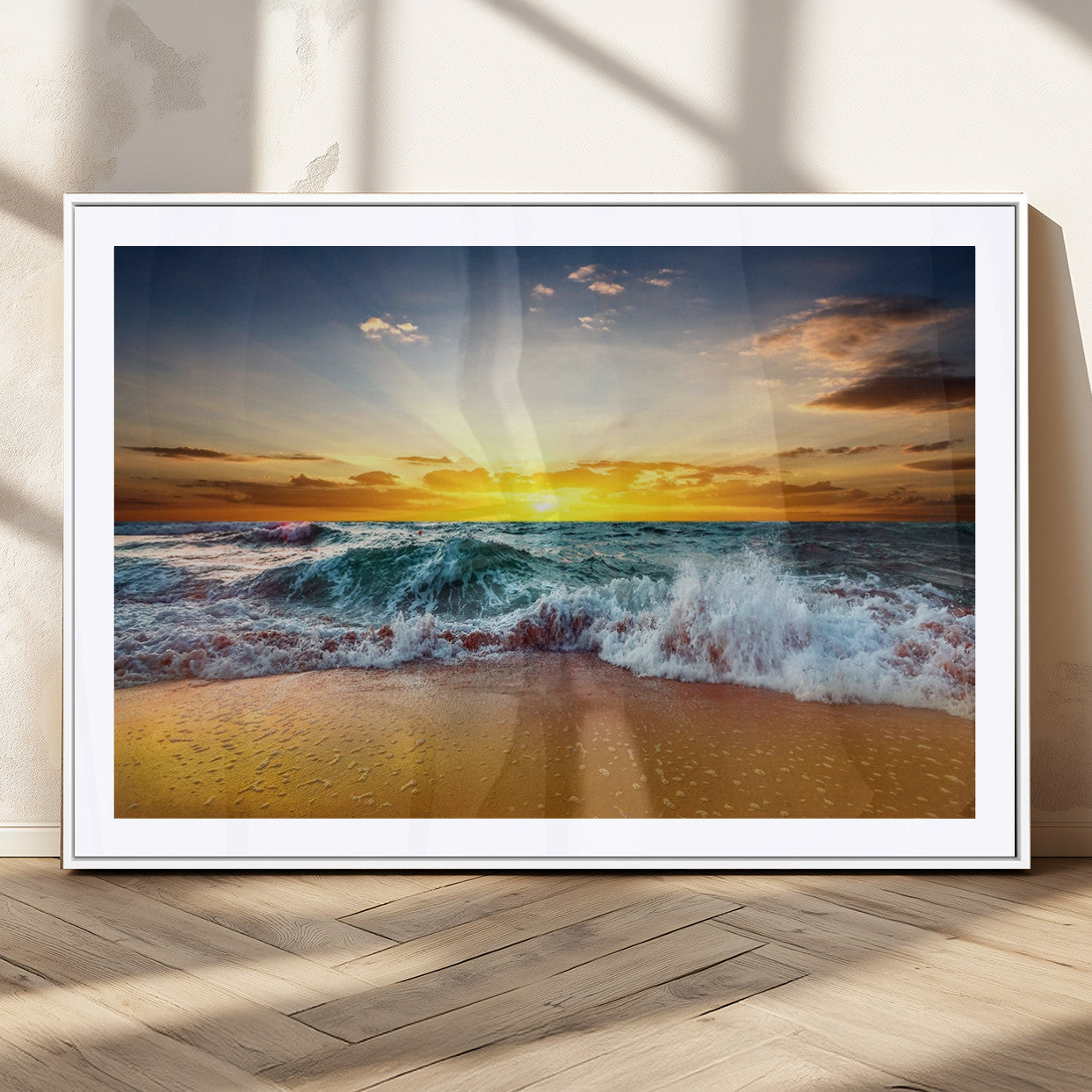 -Golden Sunset Ocean Waves Wall Art Canvas Print – Multi Panel Beach Canvas Print Set – Large Coastal