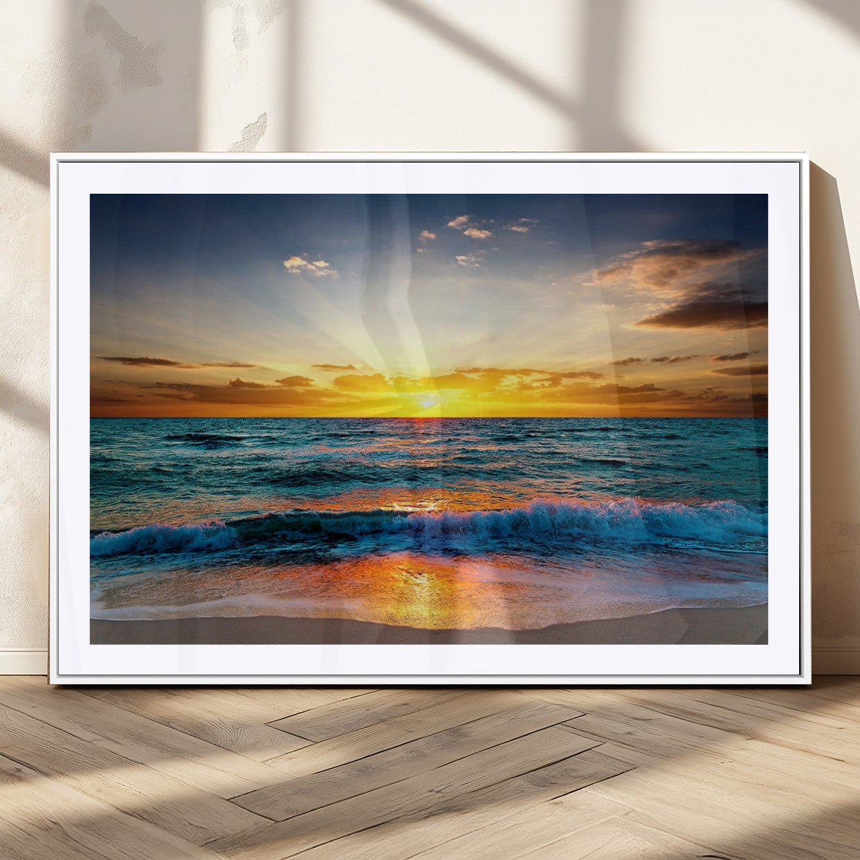 50627-MGC-FP-36x24_White-Vibrant Ocean Sunrise Over Golden Beach Waves, Giclee Canvas Wall Art Set, High-Quality Stretched