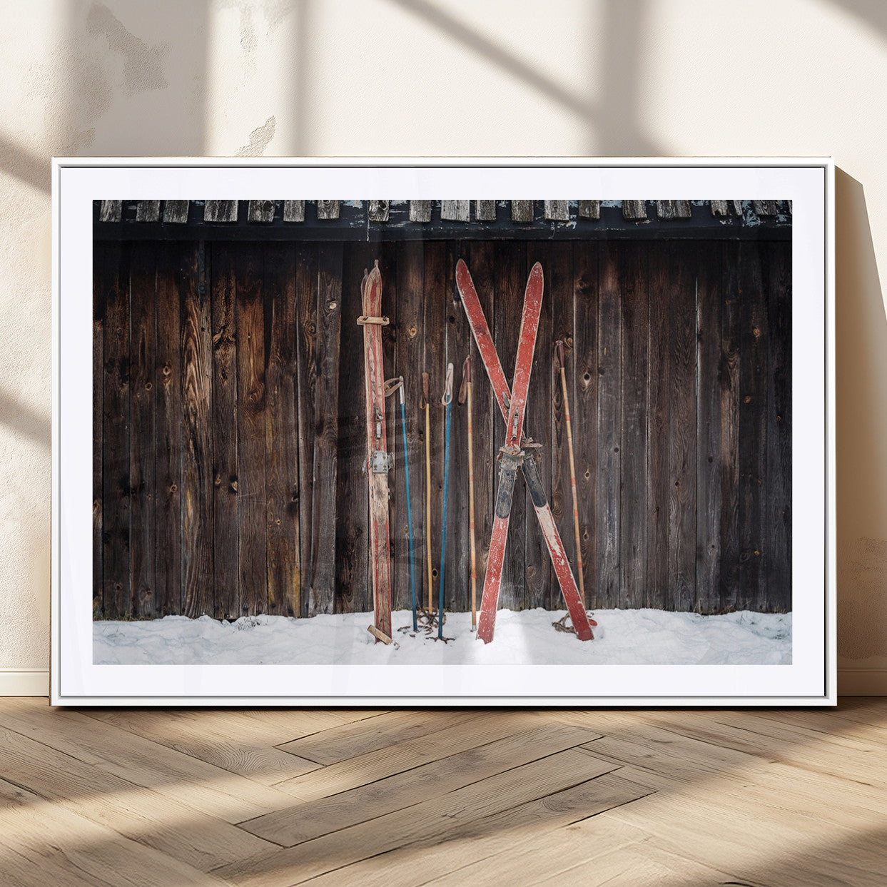 MGC-FP-36x24 - Vintage Ski Gear Canvas Print, Vintage Ski Gear Against Wooden Cabin Wall, Rustic Winter Sports