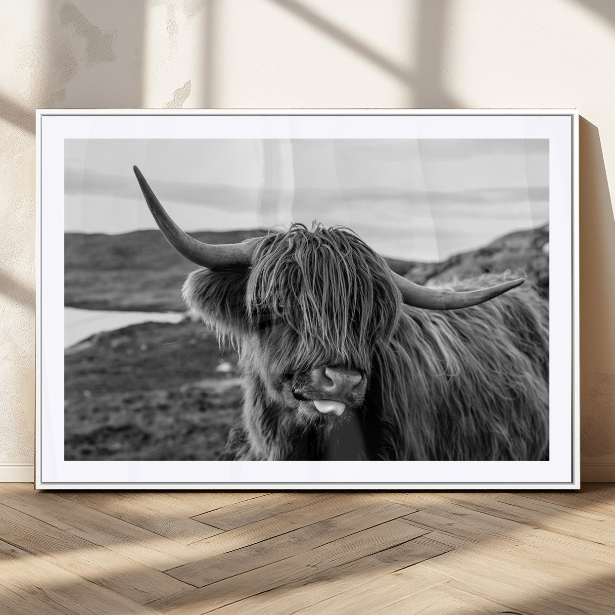 MGC-FP-36x24 - Longhorn Steer Canvas Print Wall Art, Highland Cow Canvas Wall Art – Black and White Animal Portrait