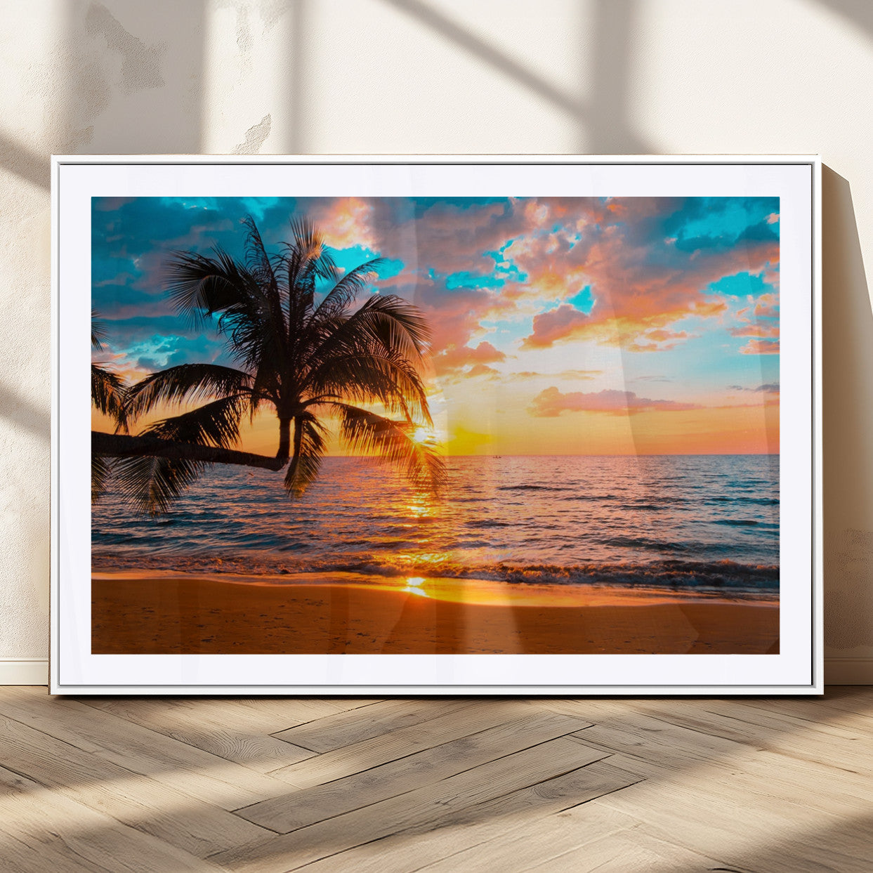 34674-MGC-FP-36x24_White-Palm Tree Sunset On The Beach Wall Art Canvas, Framed Palm Tree Sunset Canvas Print