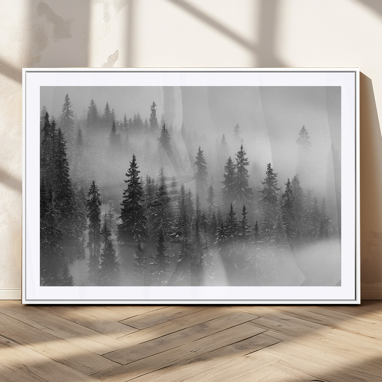 MGC-FP-36x24 - Black and White Forest Wall Art Print – Misty Pine Tree Canvas Print – Winter Woodland Nature Artwork – Perfect for Minimalist Home Decor