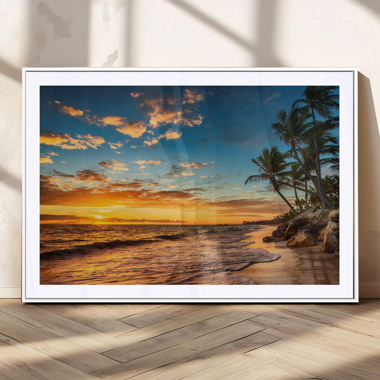 MGC-FP-36x24 - Tropical Beach Sunset Wall Art Print – Palm Tree Coastal Canvas Print – Ocean Seascape Artwork – Perfect for Tropical Modern Home Decor