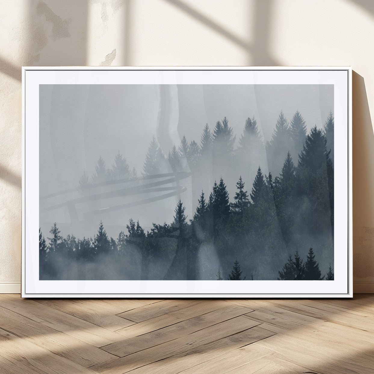 MGC-FP-36x24 - Misty Forest Wall Art Print – Foggy Pine Tree Canvas Print – Dark Woodland Nature Artwork – Perfect for Minimalist and Modern Home Decor