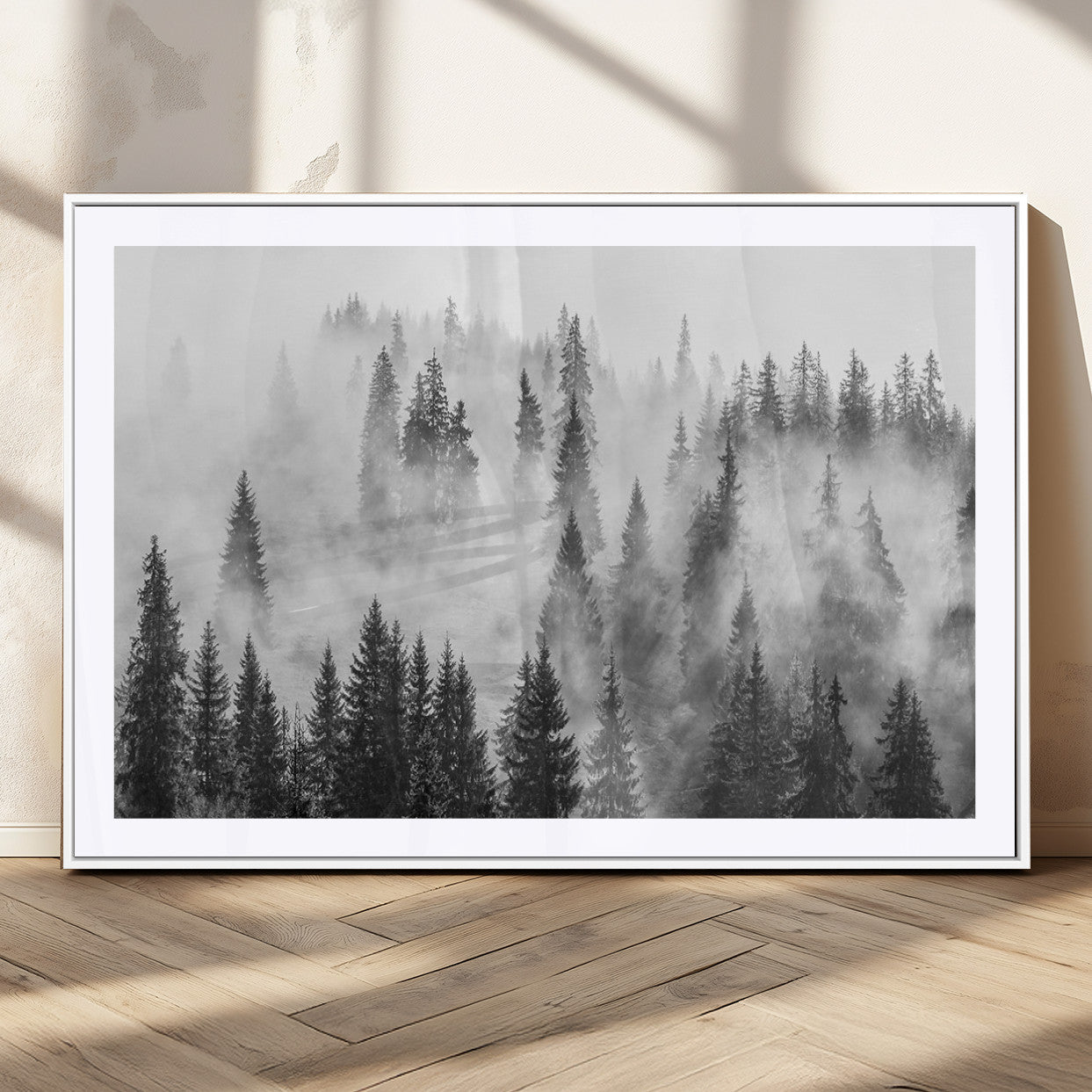 MGC-FP-36x24 - Forest Wall Art Print | Foggy Pine Forest Canvas Wall Art - Black and White Nature-Inspired Decor for Living Room, Modern Forest Landscape Print, Ready to Hang