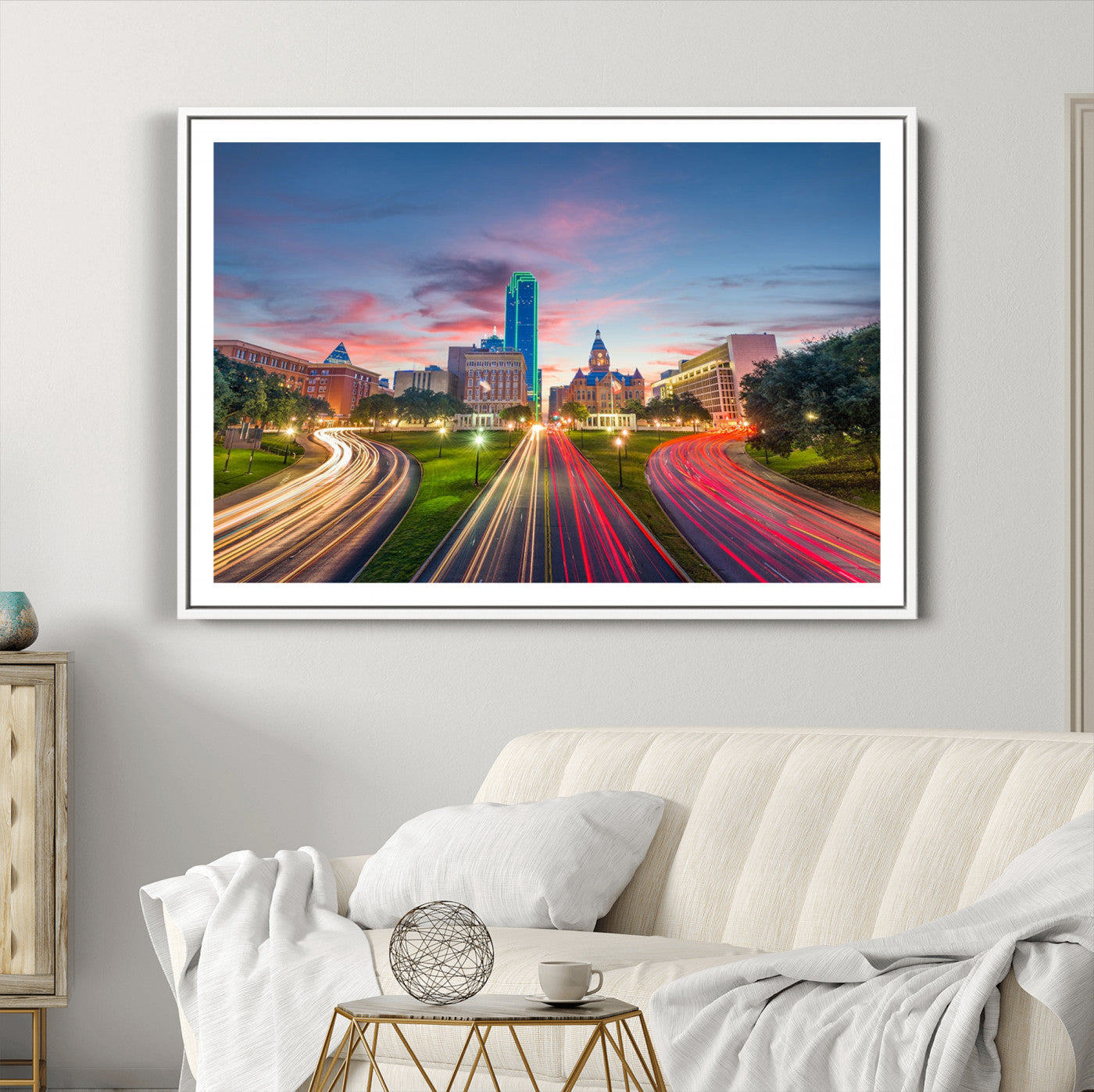 33960-MGC-FP-36x24_White-Dallas City Lights Large Wall Art Dallas Cityscape Canvas Print Framed Living Room Decor