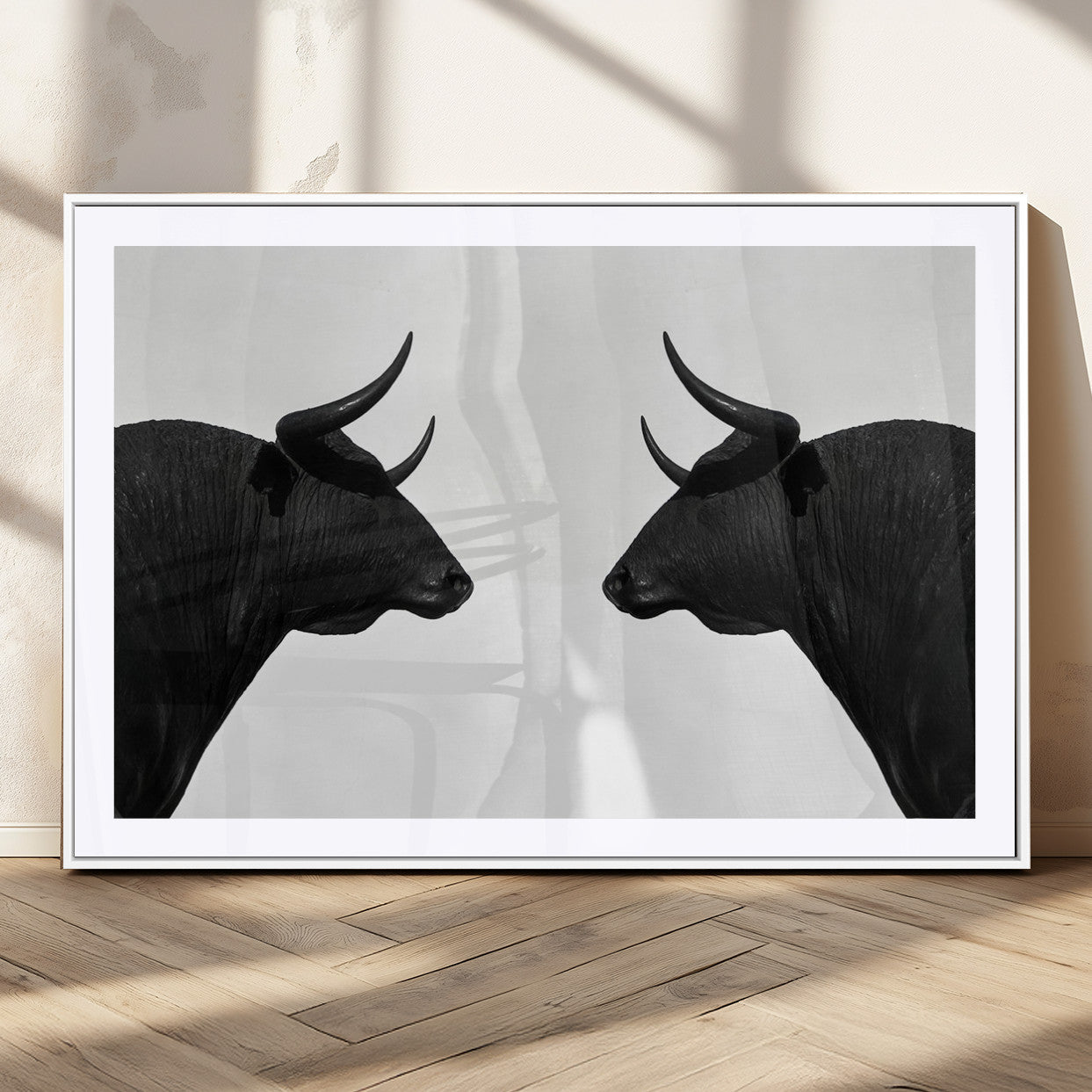 16038-MGC-FP-36x24_White-Spanish Bull Art - Framed Black and White Bull Canvas Print for Modern Rustic Home or Office Decor