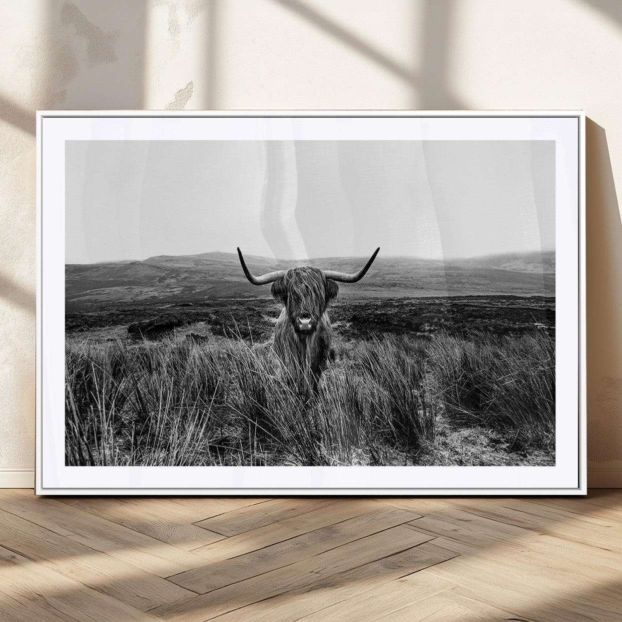 MGC-FP-36x24 - Black and White Highland Cow Canvas Wall Art, Longhorn Triptych Western Wall Decor for Cabin -