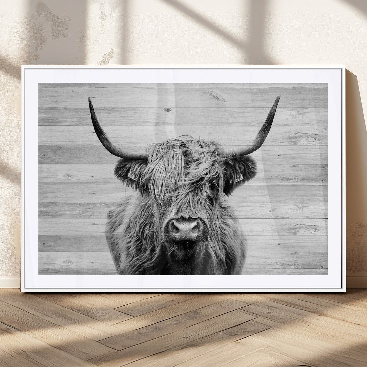MGC-FP-36x24 - Scottish Highland Cow Cattle Art Print on Wood Background Style, Scottish Highland Cow Wall Art