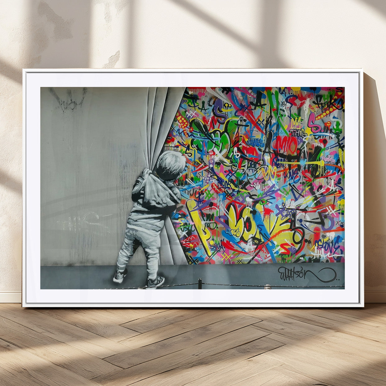 MGC-FP-36x24 - Banksy Colorful Street Graffiti Canvas Wall Art Print, Modern Art Triptych, Child and Graffiti Wall,