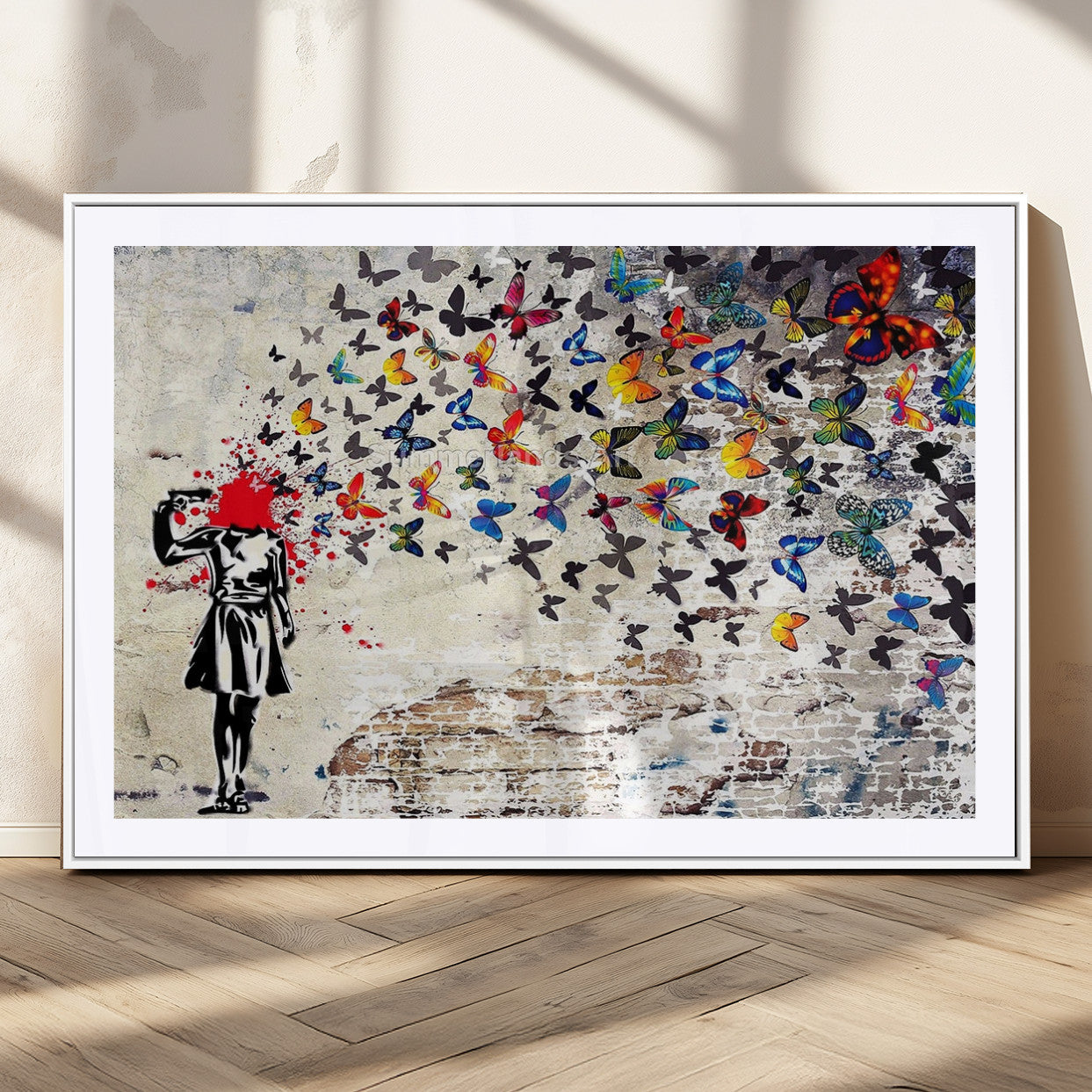 MGC-FP-36x24 - Banksy Art Butterfly Girl Explosion Canvas Art – Vibrant Urban Graffiti for Modern Interiors - Ready
