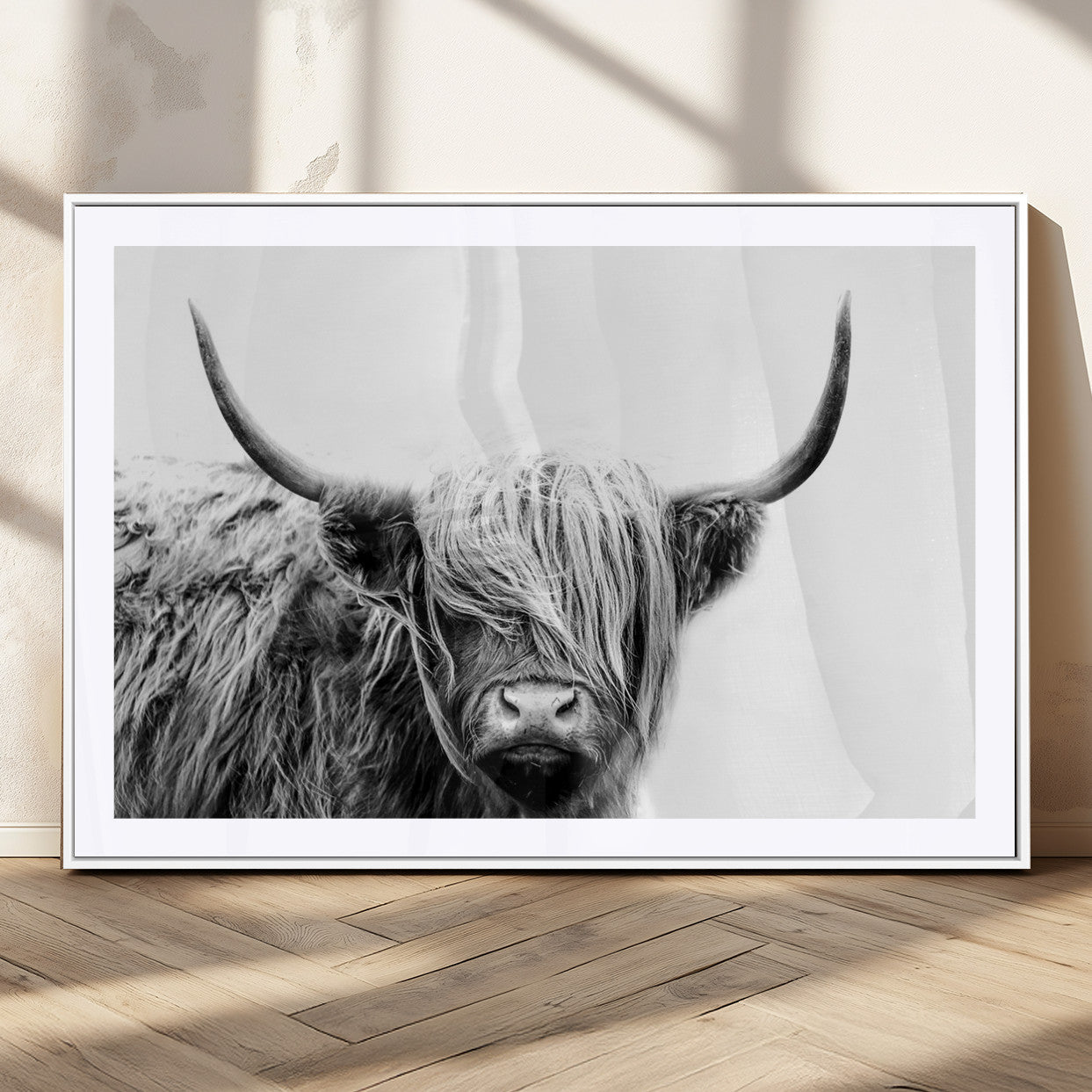 MGC-FP-36x24 - Black White Scottish Highland Cow Cattle Art Print Farmhouse Wall Art Canvas Print