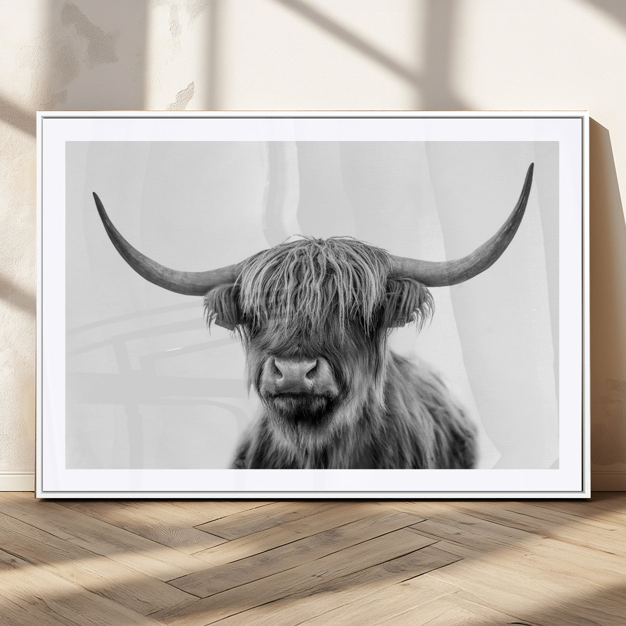 MGC-FP-36x24 - Grayscale Scottish Highland Cow Cattle Art Print Farmhouse Wall Art Canvas Print