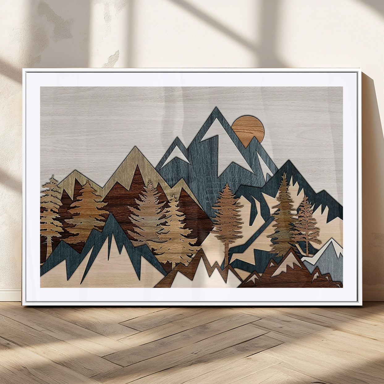 MGC-FP-36x24 - Rustic Abstract Wood Panel Effect Canvas Mountain Range Top Wood Wall Art Canvas Print