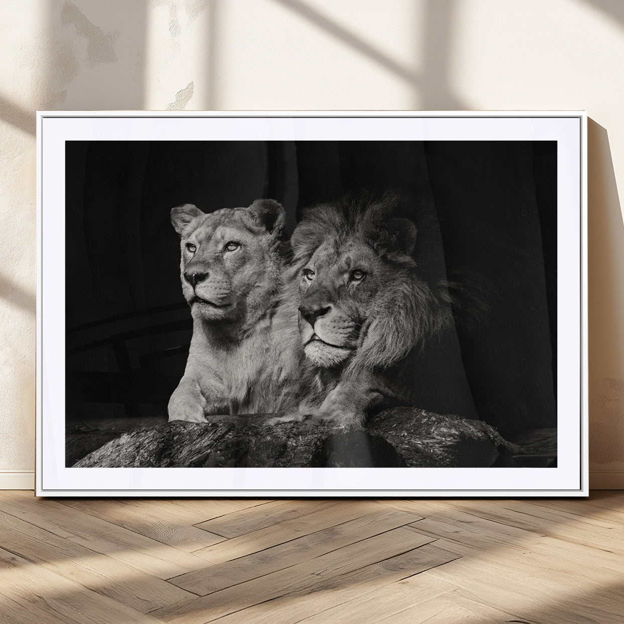 MGC-FP-36x24 - Lion Couple Canvas Wall Art Print – Elegant Wildlife Portrait in Black and White Lion Family – Ready