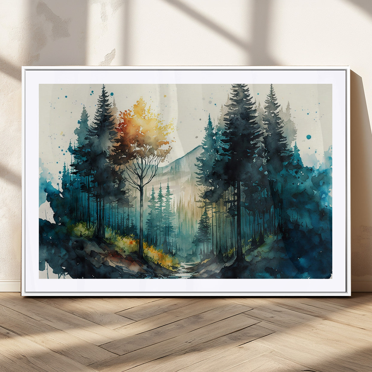 96186-MGC-FP-36x24_White-Watercolor Trees Forest Abstract Wall Art Canvas Print, Framed Watercolor Trees Wall Art