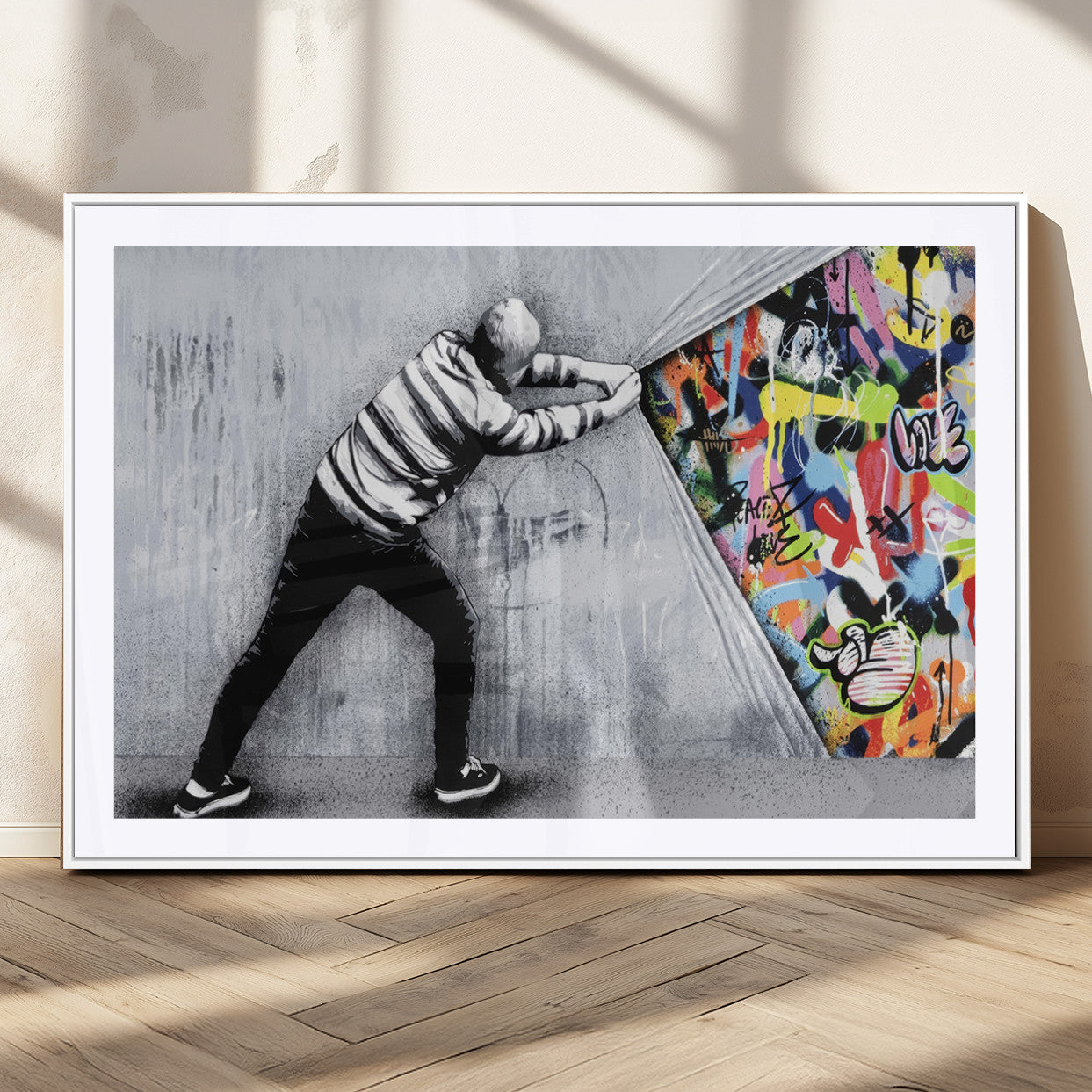 MGC-FP-36x24 - Banksy Art Behind the Curtain Street Wall Art Canvas Print | 3-Panel Urban Graffiti-Inspired Wall