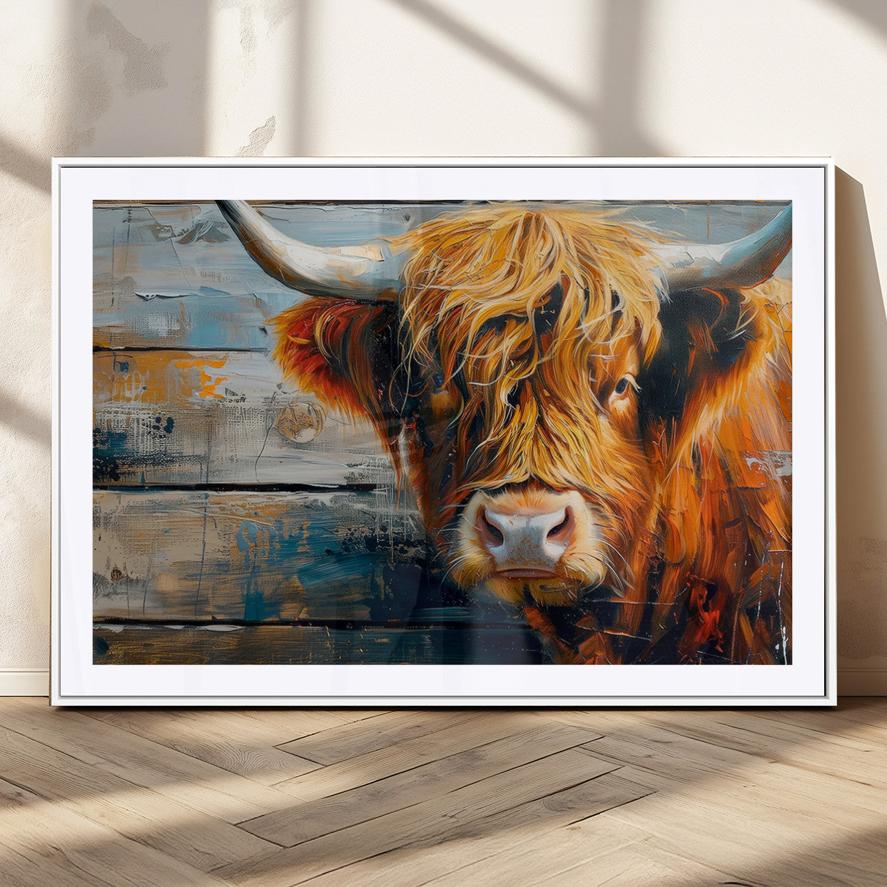92312-MGC-FP-36x24_White-Highland Cow Abstract Canvas Wall Art – Bold Farmhouse Rustic Decor – Ready to Hang