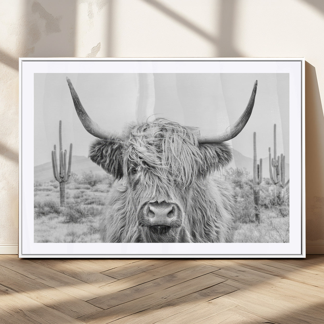 -Rustic Charm | Cow Longhorn Black White Bighorn Wall Art Canvas Print | Farmhouse Wall Art