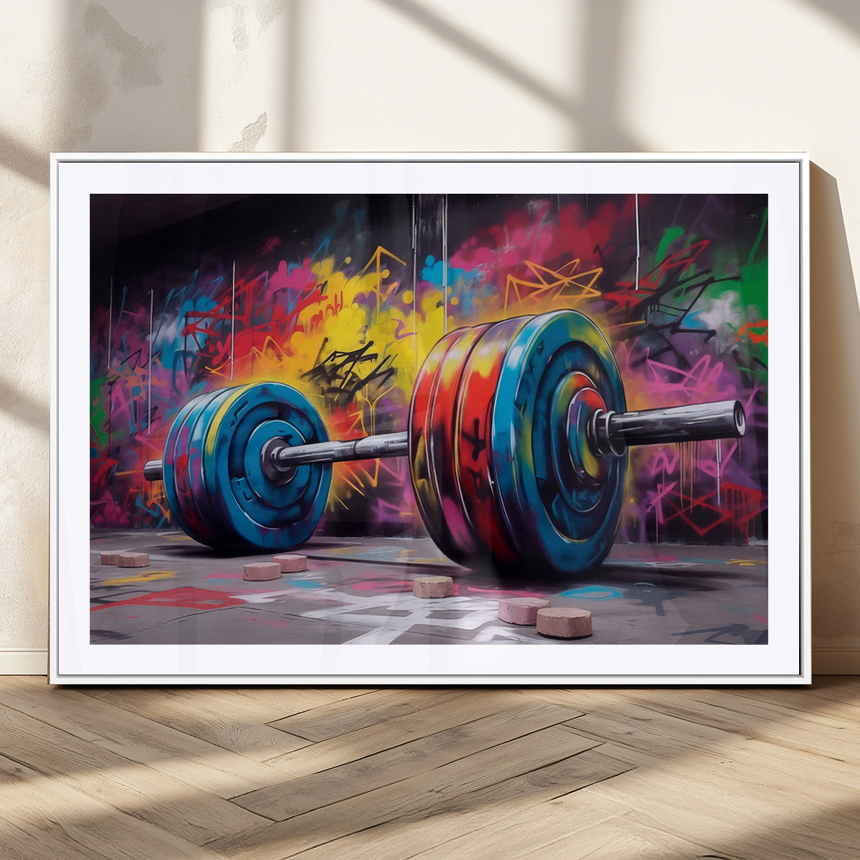 MGC-FP-36x24 - Abstract Graffiti Barbell Canvas Wall Art – Urban Fitness Meets Bold Street Art Print - Gym Wall Art Print