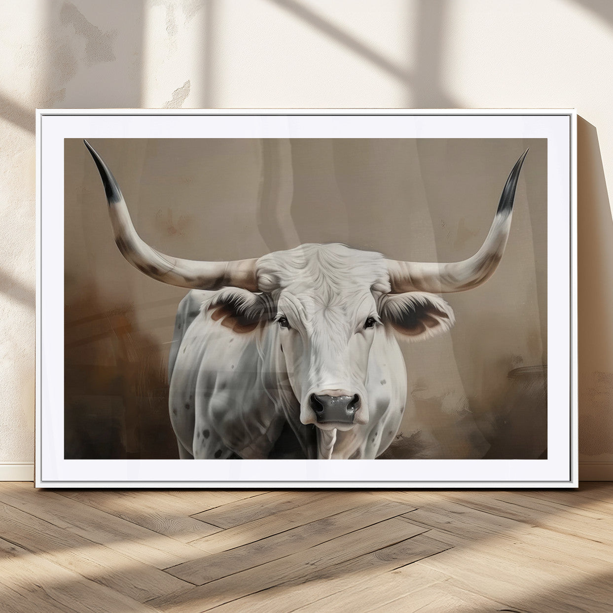 -White Longhorn Bull Wall Art Canvas Print – Framed and Ready to Hang – Perfect for Farmhouse and