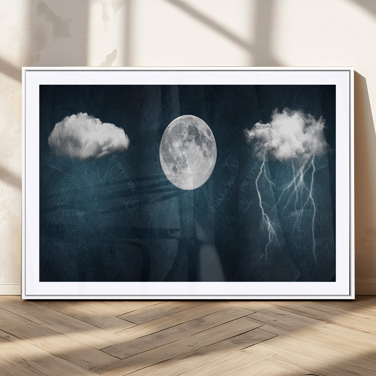 17673-MGC-FP-36x24_White-3 Piece Indigo Cloud Wall Art, Thunderstorm Moon Cloud Artworks