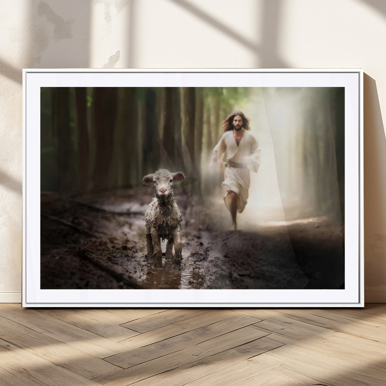 MGC-FP-36x24 - Jesus Canvas Wall Art - Jesus Running After Lost Lamb, Jesus, Christian Home Decor - Church Wall Art