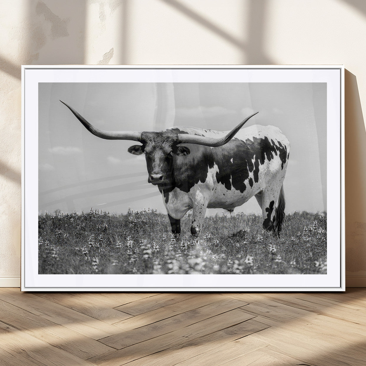 94709-MGC-FP-36x24_White-Texas Black White Highland Longhorn Cow Wall Art Canvas Print