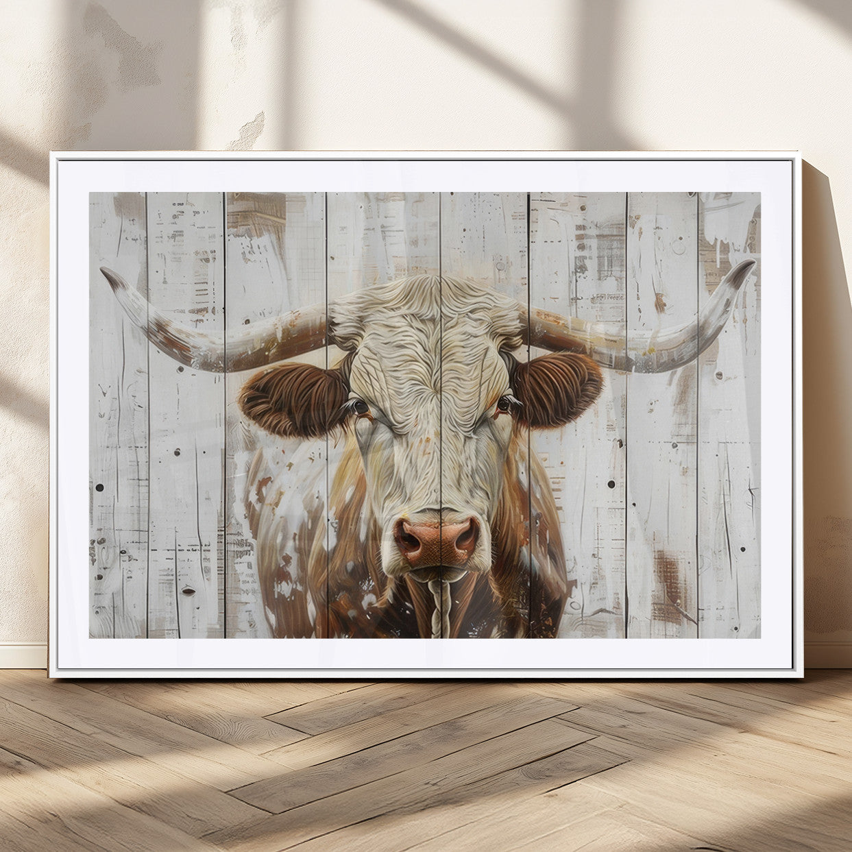 71551-MGC-FP-36x24_White-Rustic Longhorn Bull Wall Art Canvas Set – Western-Inspired Farmhouse Décor - Ready to Hang