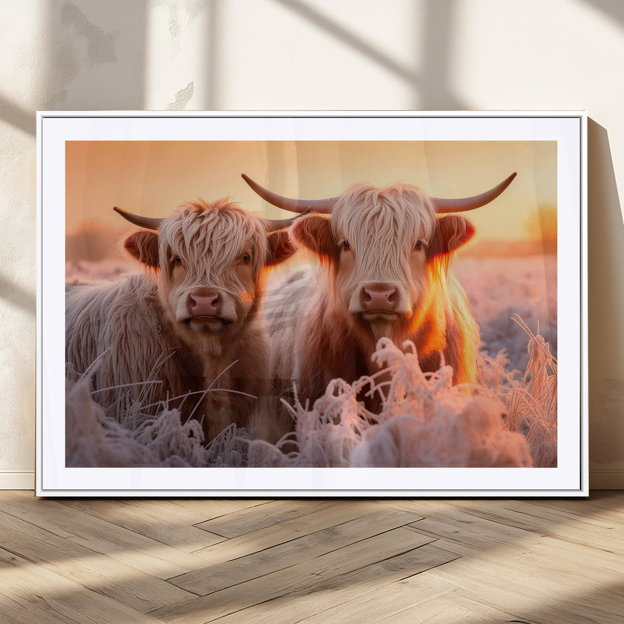 68253-MGC-FP-36x24_White-Highland Cows at Sunrise Wall Art Canvas Set – Serene and Rustic Farmhouse Decor