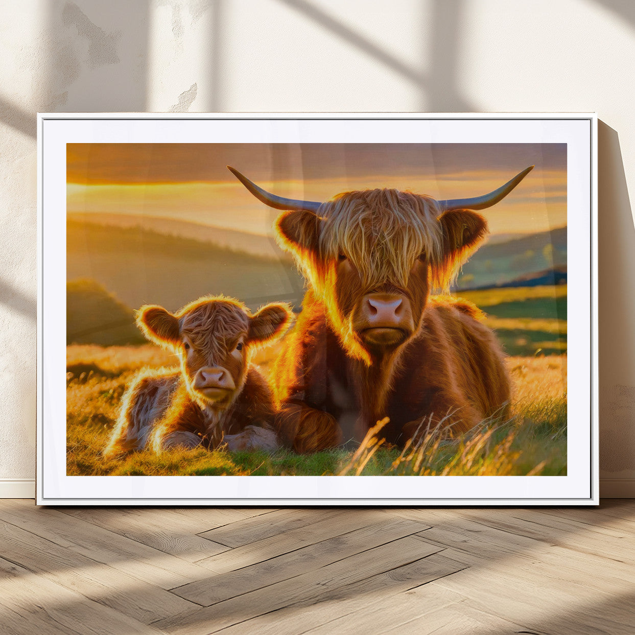 20567-MGC-FP-36x24_White-Scottish Cow and Baby Cow Canvas Wall Art Animal Print Fluffy Cattle Framed Farmhouse Decor