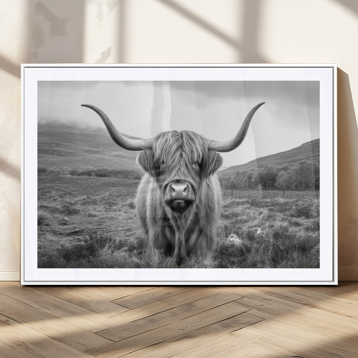 MGC-FP-36x24 - Black White Scottish Highland Cow Canvas Farm Wall Art Canvas Print