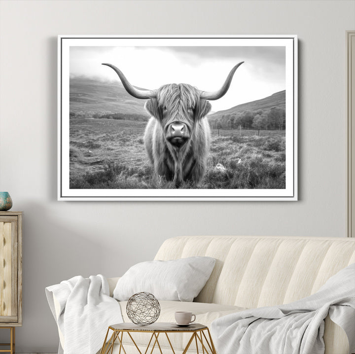 Black White Scottish Highland Cow Canvas Farm Wall Art Canvas Print